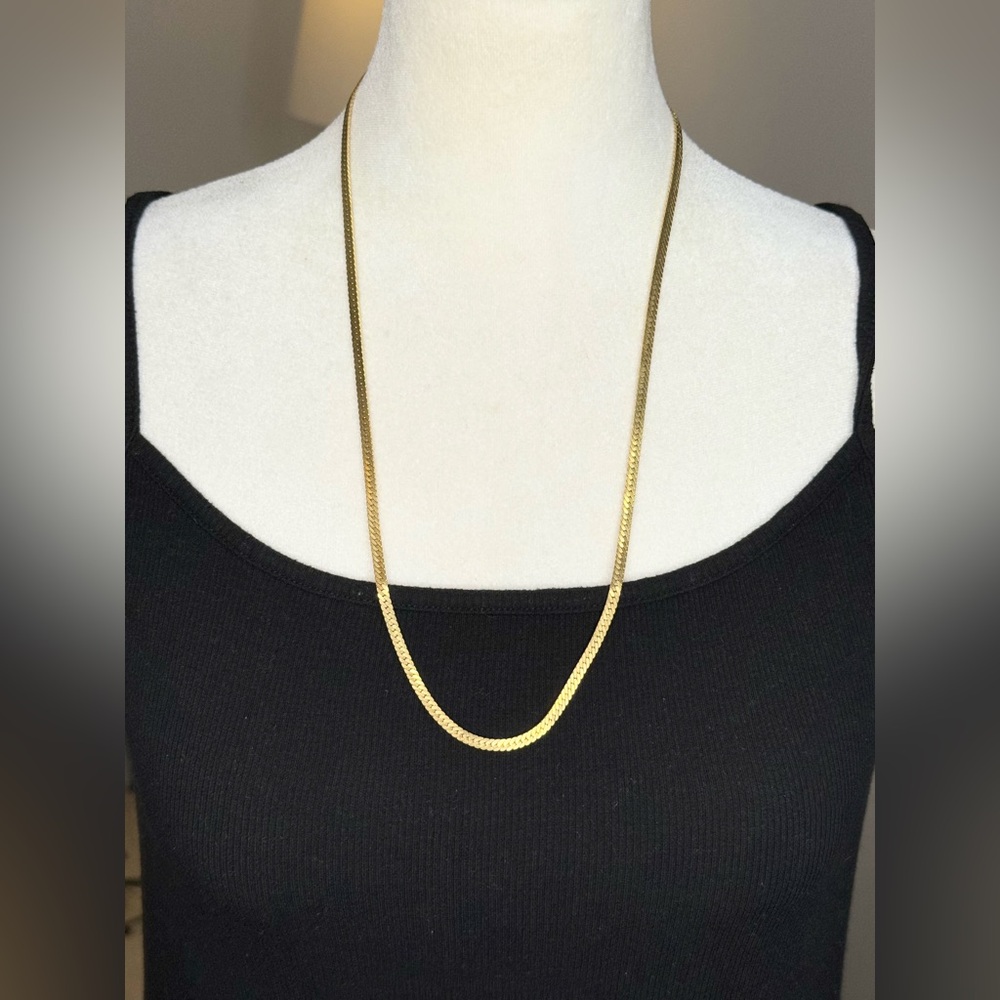 Vintage Gold Tone Herringbone Chain Necklace Marked Italy Flat 24” Classic